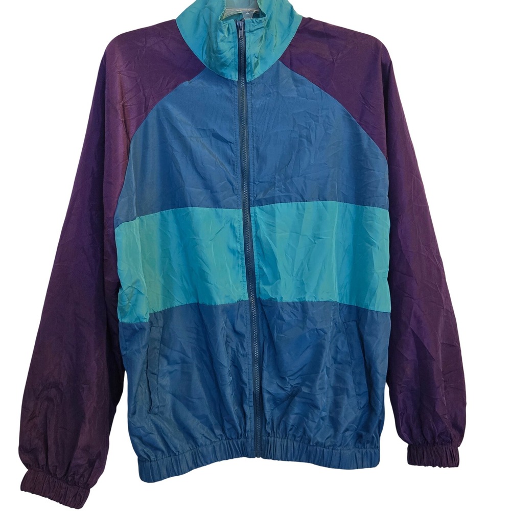 SHEIN Womens Colorblock Windbreaker Jacket Purple Blue Teal Full Zip Small Retro